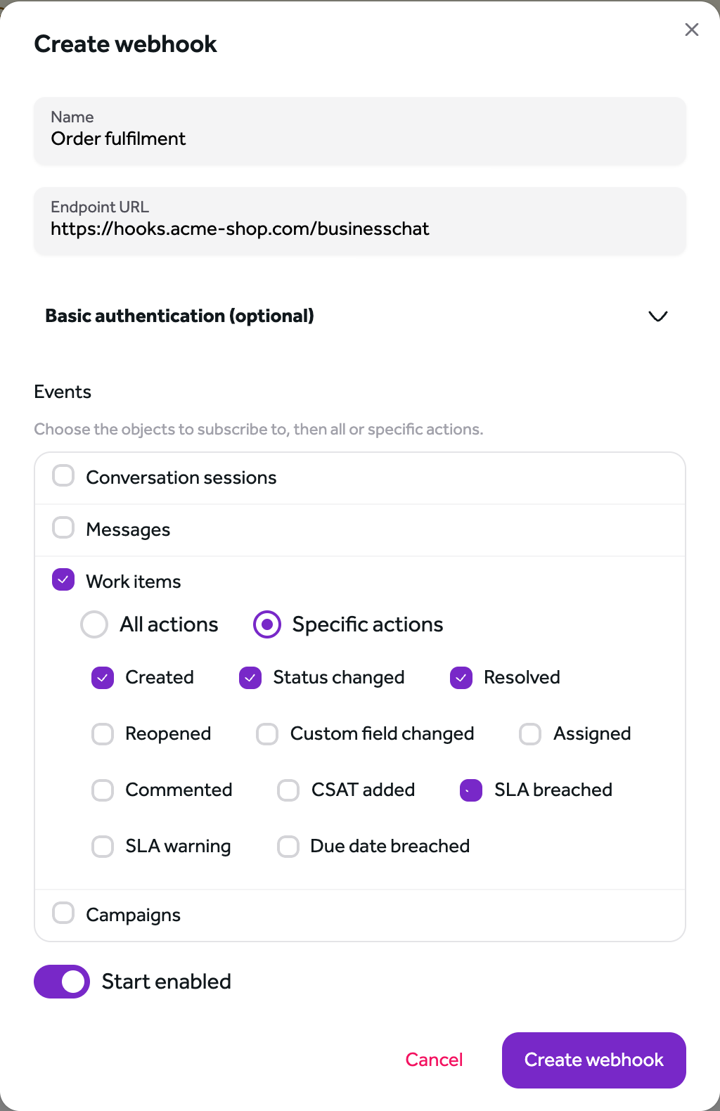 Specific work item actions selected