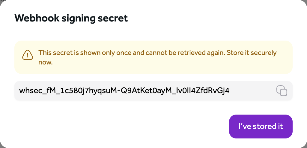 The one-time signing secret dialog