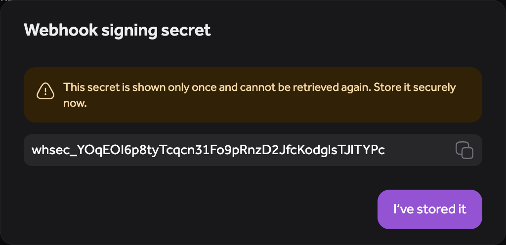 The one-time signing secret dialog