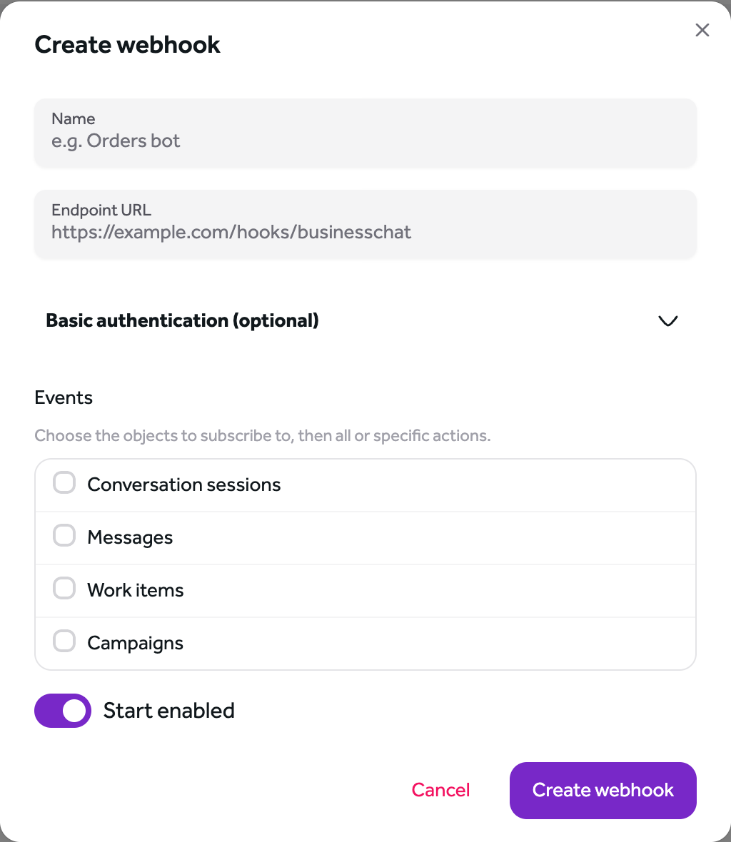The empty create webhook form