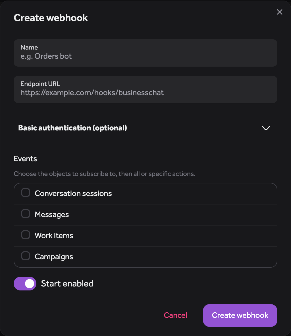 The empty create webhook form