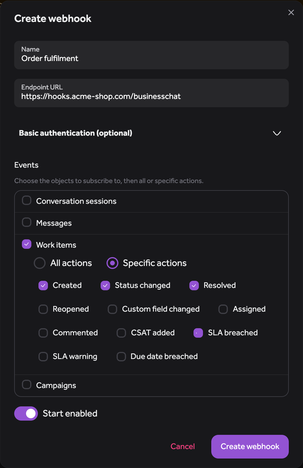 Specific work item actions selected