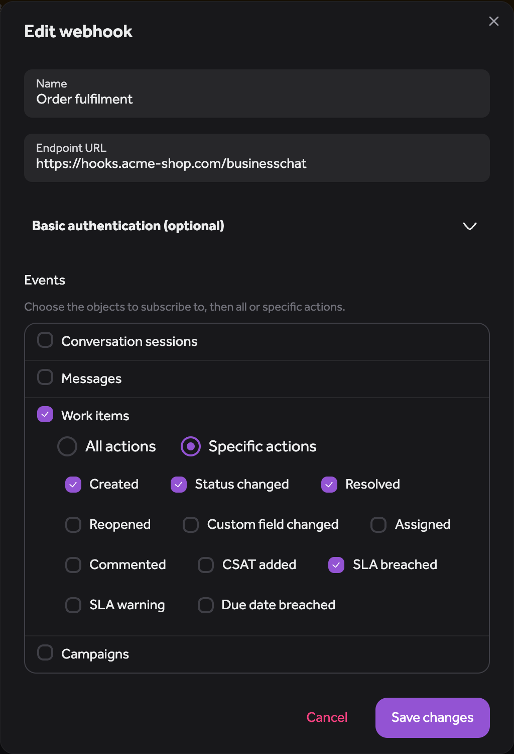 Editing a webhook